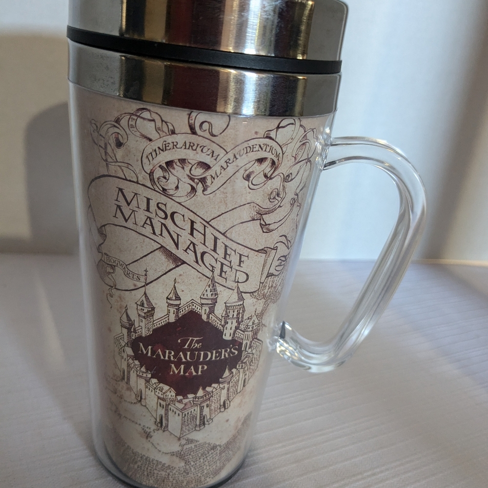 Harry Potter travel mug handle lid stainless steel & acrylic marauders map